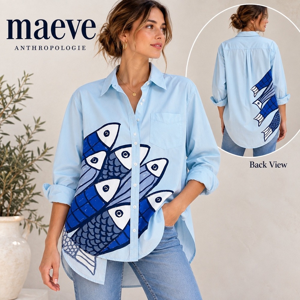 Anthropology Maeve Dimble Nell Blue Fish Art Print Size XS Oversized Button Down